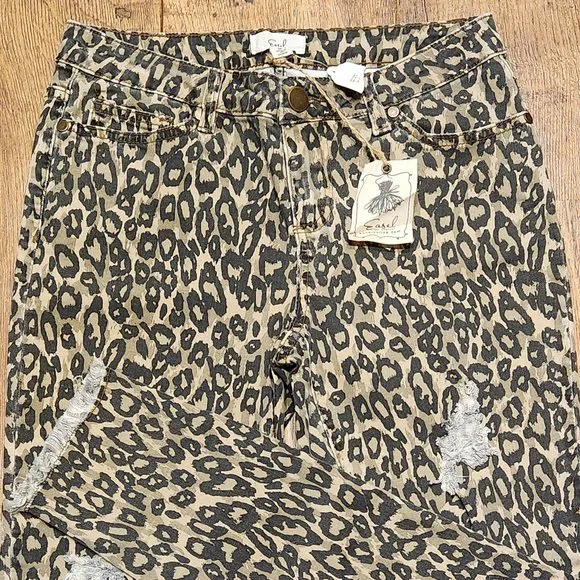 EASEL Brown Animal Print Skinny Distressed Jeans - Large - NWT NEW - Picture 3 of 5